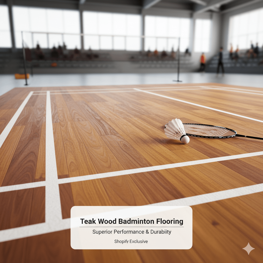 Teak wood badminton flooring with racket and shuttlecock – premium 21mm sports court surface for professional play and durability