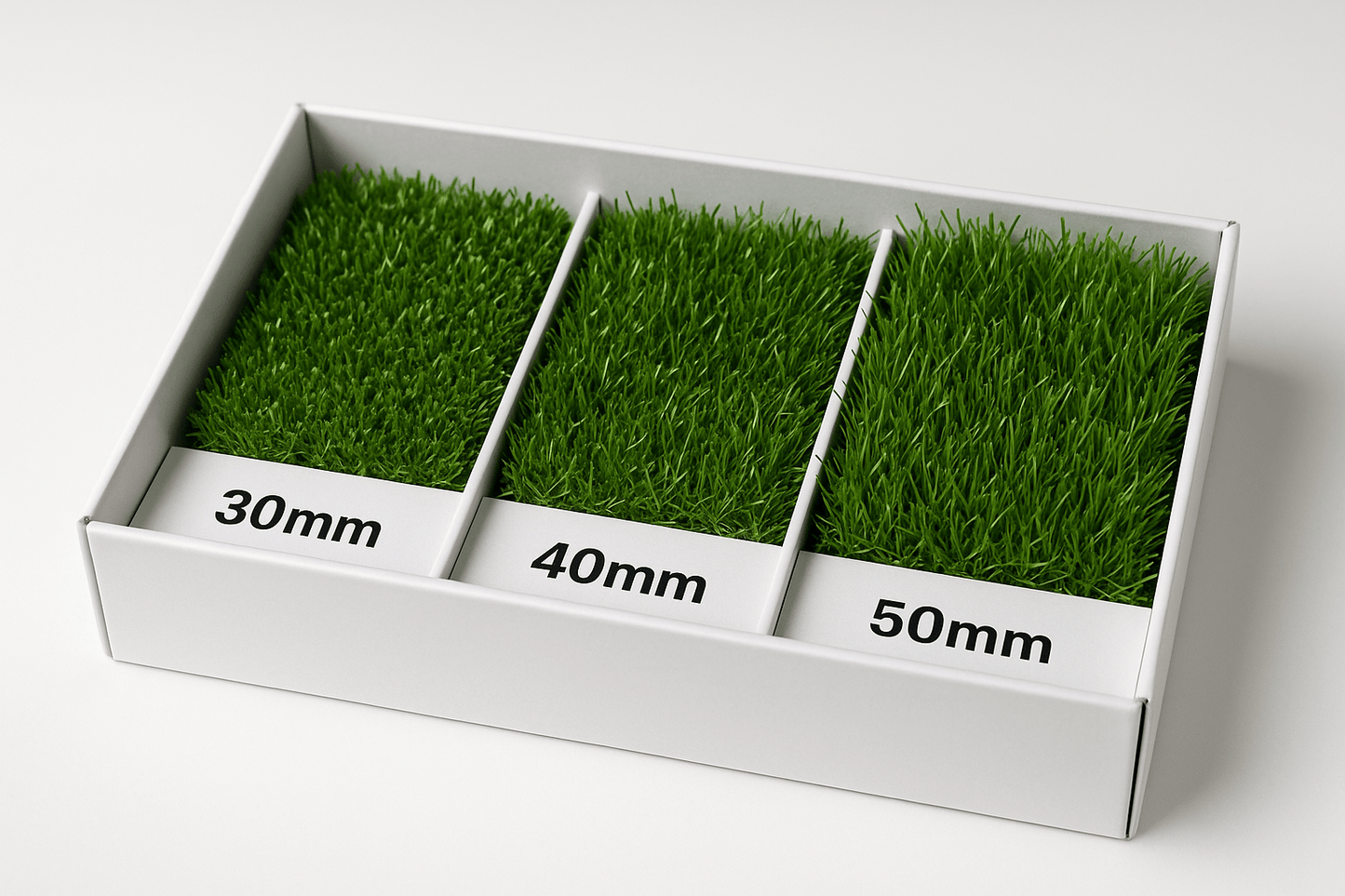 3 different types of artificial grass such as 30mm 40mm 50mm with a size of 1 sq.ft each included in this sapmle box