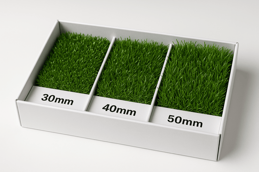 3 different types of artificial grass such as 30mm 40mm 50mm with a size of 1 sq.ft each included in this sapmle box