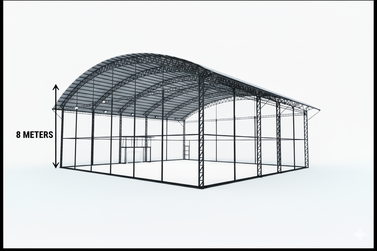 Pre-engineered indoor sports roofing structure by Meckavo Sports, 8 meters high steel frame with curved roof – ideal for badminton, basketball, tennis, futsal, and multi-sport courts.