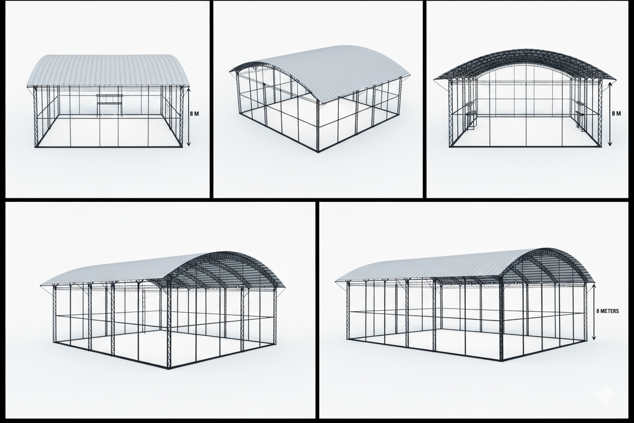 Multiple 3D views of pre-engineered indoor sports roofing structure by Meckavo Sports, 8-meter high steel frame with curved roof design – suitable for badminton, basketball, tennis, futsal, and multi-sport indoor courts.
