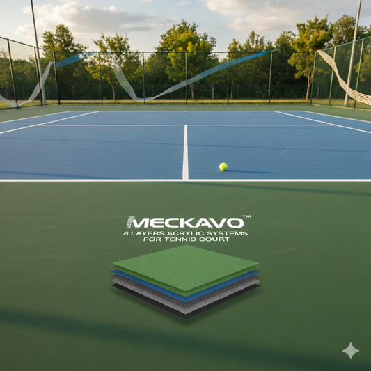 Acrylic tennis court flooring by Meckavo Sports with 8-layer synthetic system, ITF approved for professional tennis courts.