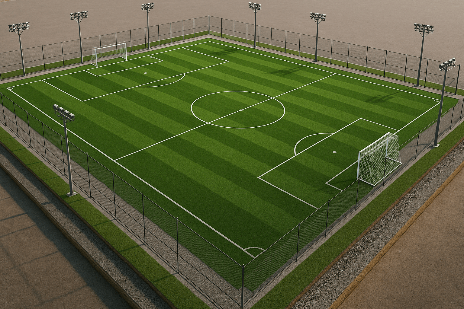 A COMPLETE SET UP OF FOOTBALL TURF SYSTEM, WITH LIGHTS, NETS, SUB BASE