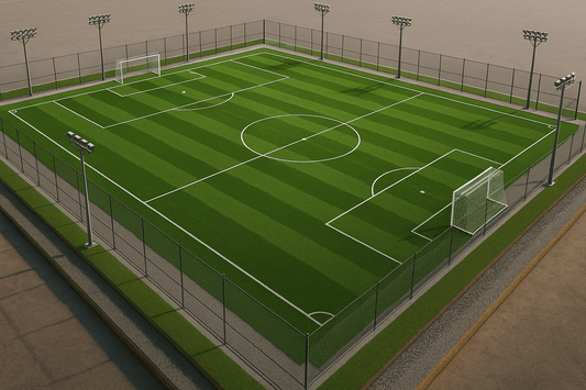 A COMPLETE SET UP OF FOOTBALL TURF SYSTEM, WITH LIGHTS, NETS, SUB BASE