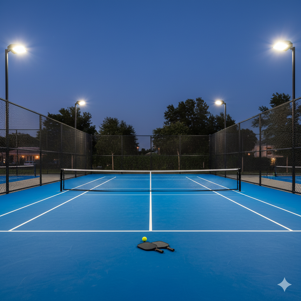 Blue acrylic pickleball court with net and paddles under floodlights – premium sports flooring by Meckavo Sports